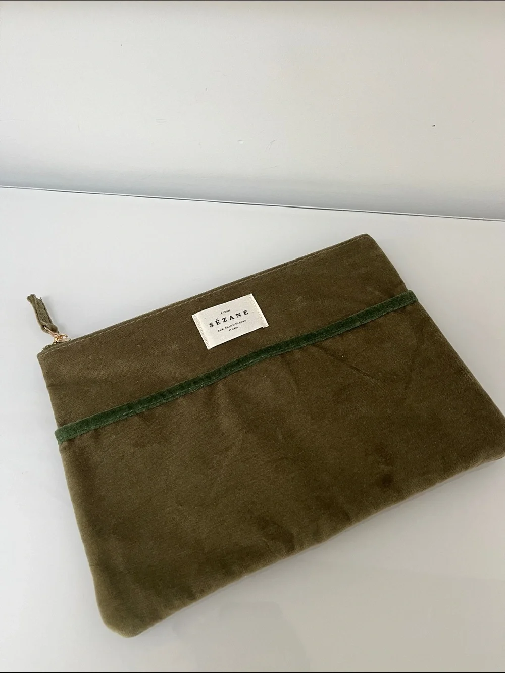 Sezane Olive Green Velvet Cosmetic Pouch with Dark Green Trim